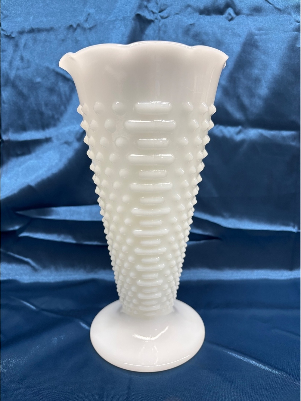 Vintage Anchor Hocking Milk Glass Dot and Dash Hobnail Pedestal Trumpet Vase